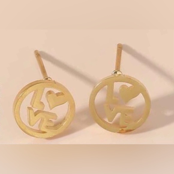 “LOVE” Letters Heart Gold Stainless Steel Cut-Out Circle Romance Mini Tiny Studs - Picture 3 of 8